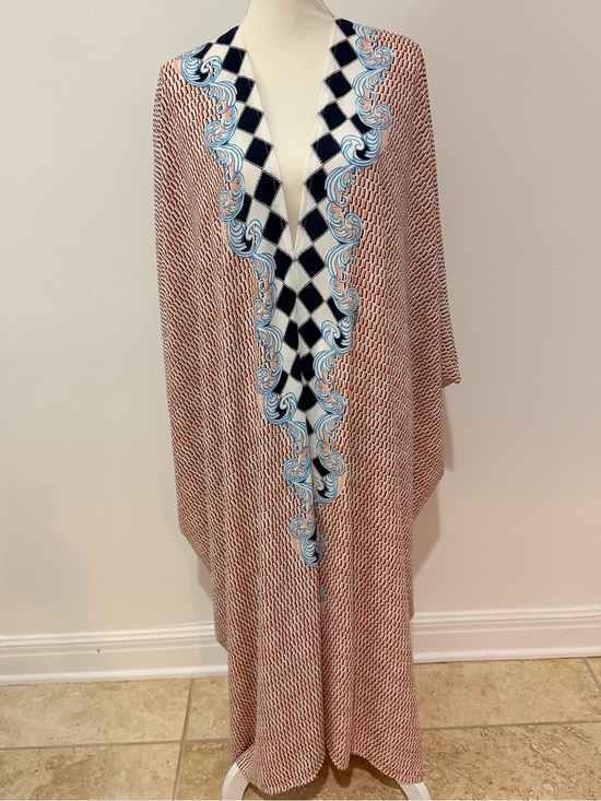 Jennafer Grace Dresses & Skirts - Maxi Dress Caftan with Blue Scroll Trim - Pink/Brown Pattern